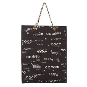 CHANEL Coco Logos Chain Tote Bag Canvas Leather Black White Vintage 90280662